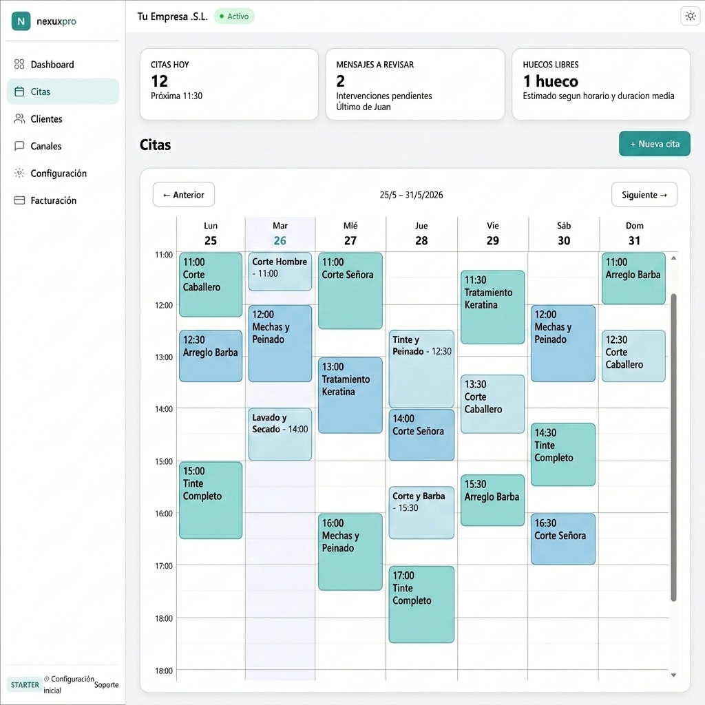 Vista del CRM de Nexux con agenda semanal, citas, clientes y canales